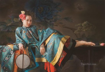 Chinese Girls Painting - blue butterfly Chinese girl